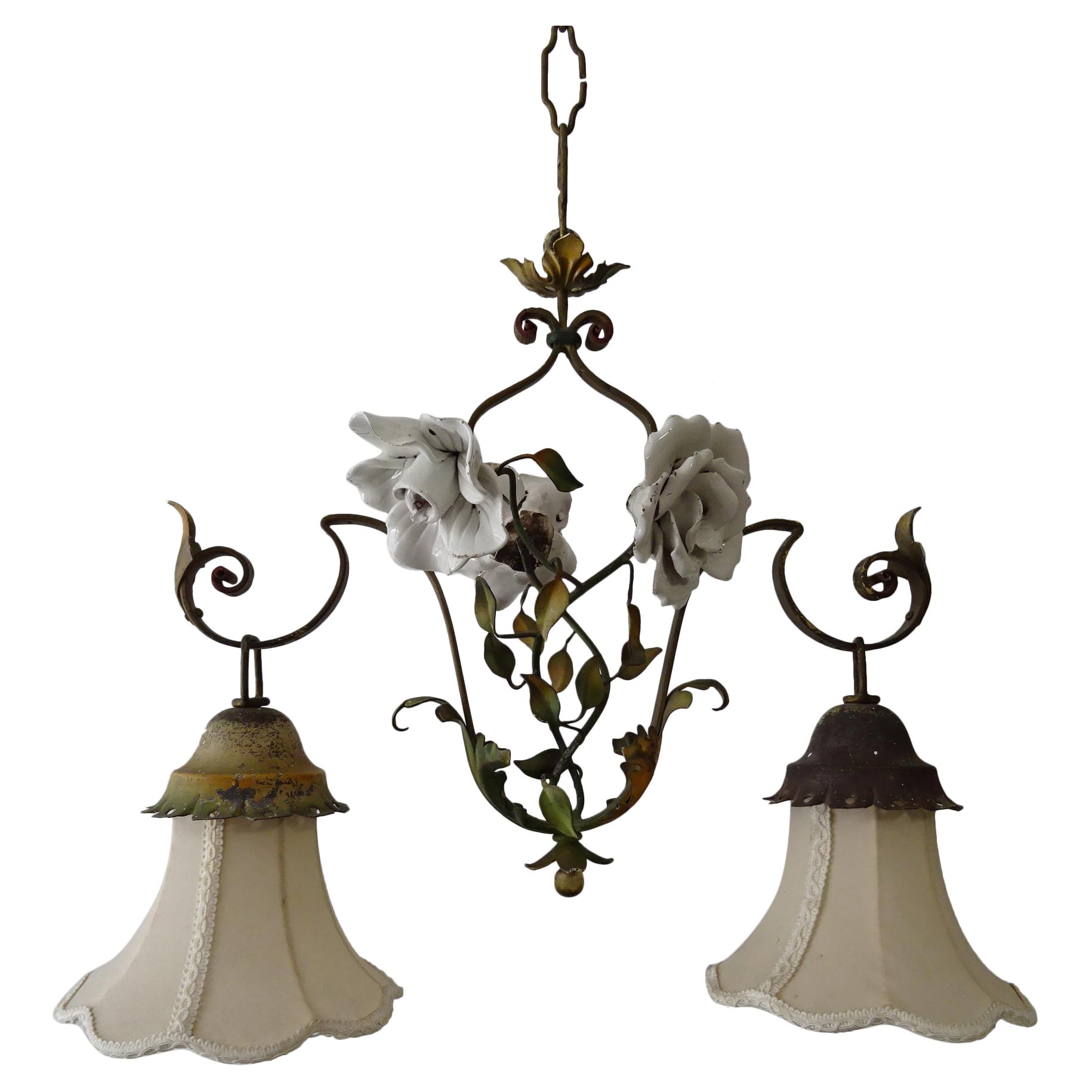 French Tole Big White Porcelain Flowers Original Shades Chandelier, circa 1920 For Sale