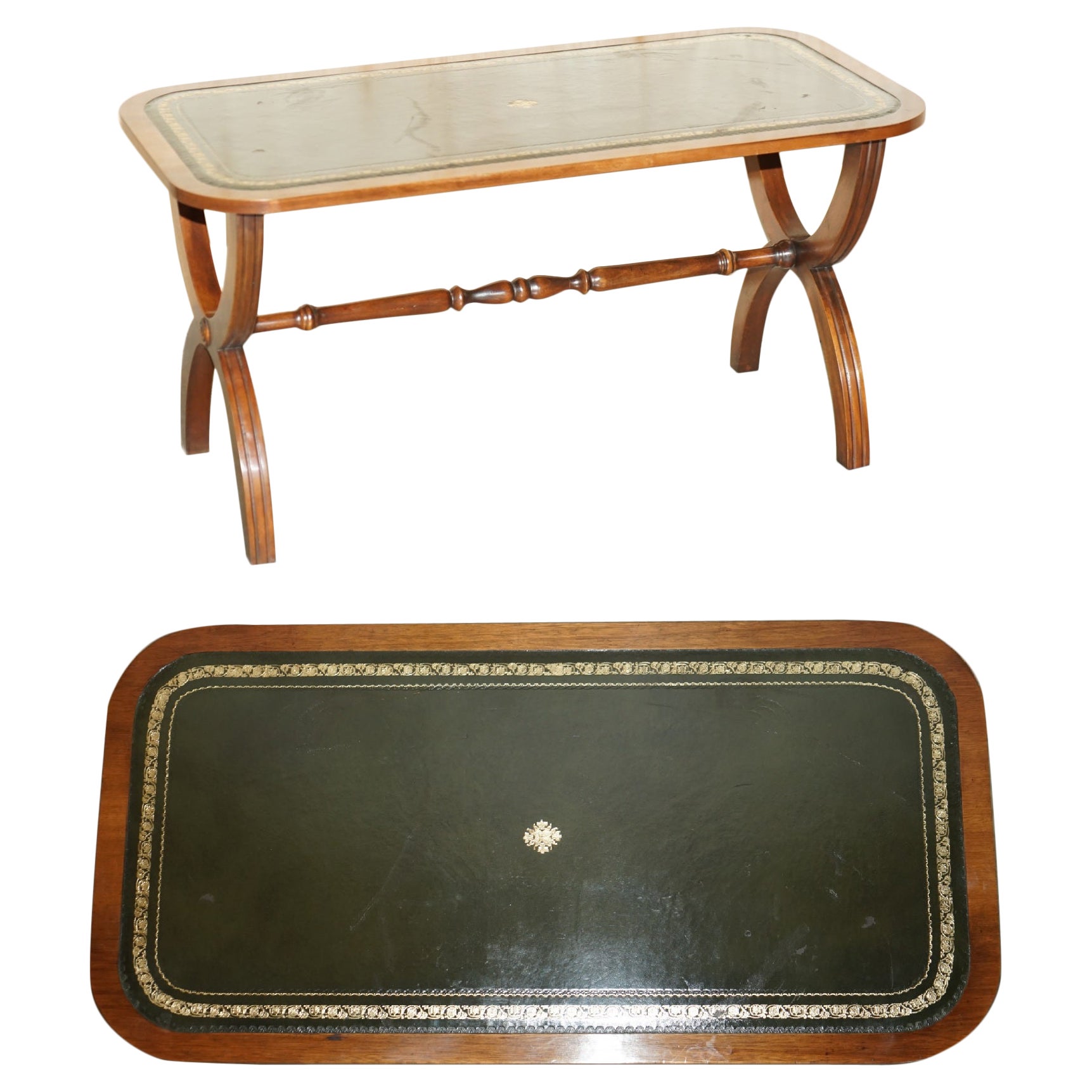Lovely Vintage Green Leather & Hardwood Bevan Funnell Coffee Table Nice Patina For Sale