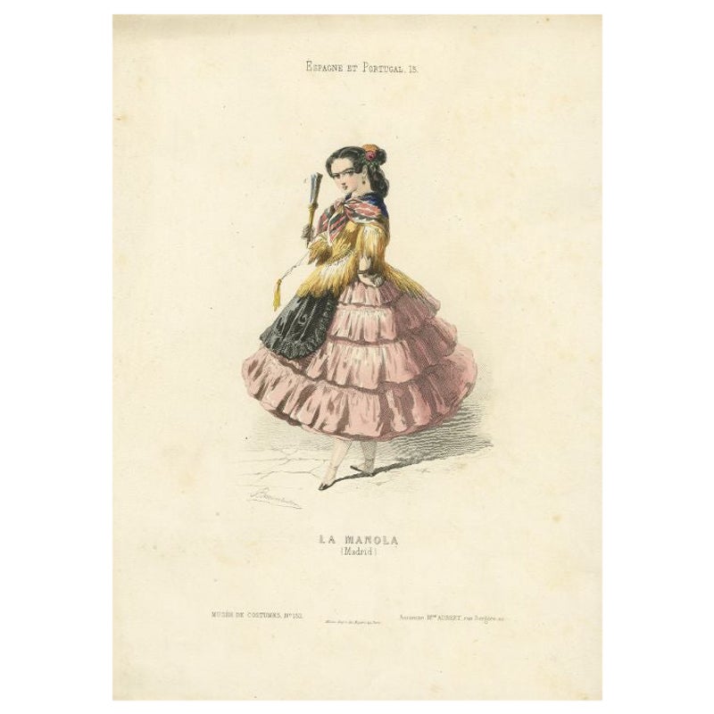 Antique Hand-Colored Print of a 'Manola' from Spain, 1850