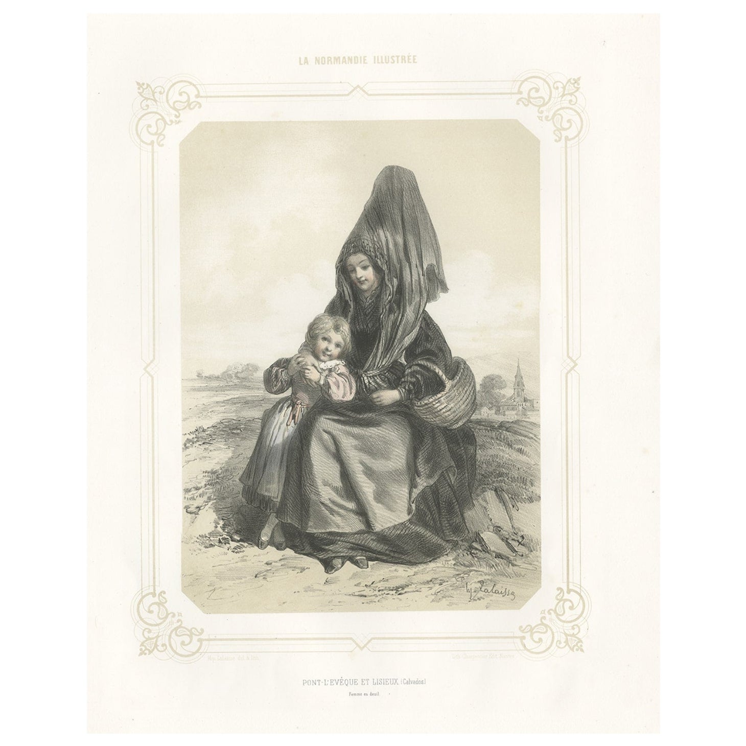 Antique Print of a Mourning Woman from Lisieux in Normandia, France, 1852 For Sale
