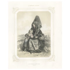 Antique Print of a Mourning Woman from Lisieux in Normandia, France, 1852