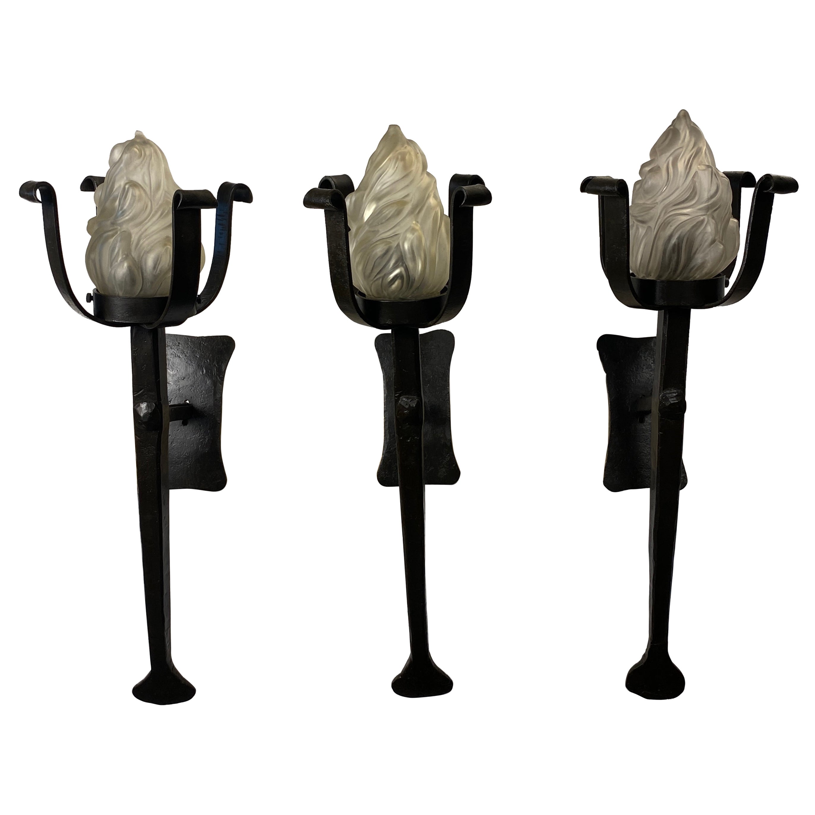 3 Large Spanish Colonial Style Hand Forged Iron Sconces, Traditional Torchiere