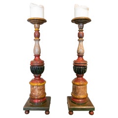 18th Century Italian Pair of Polychromed Wooden Candlesticks