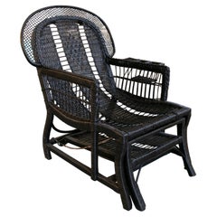 1980s Wood, Bamboo and Wicker Armchair with Black Painted Footrest
