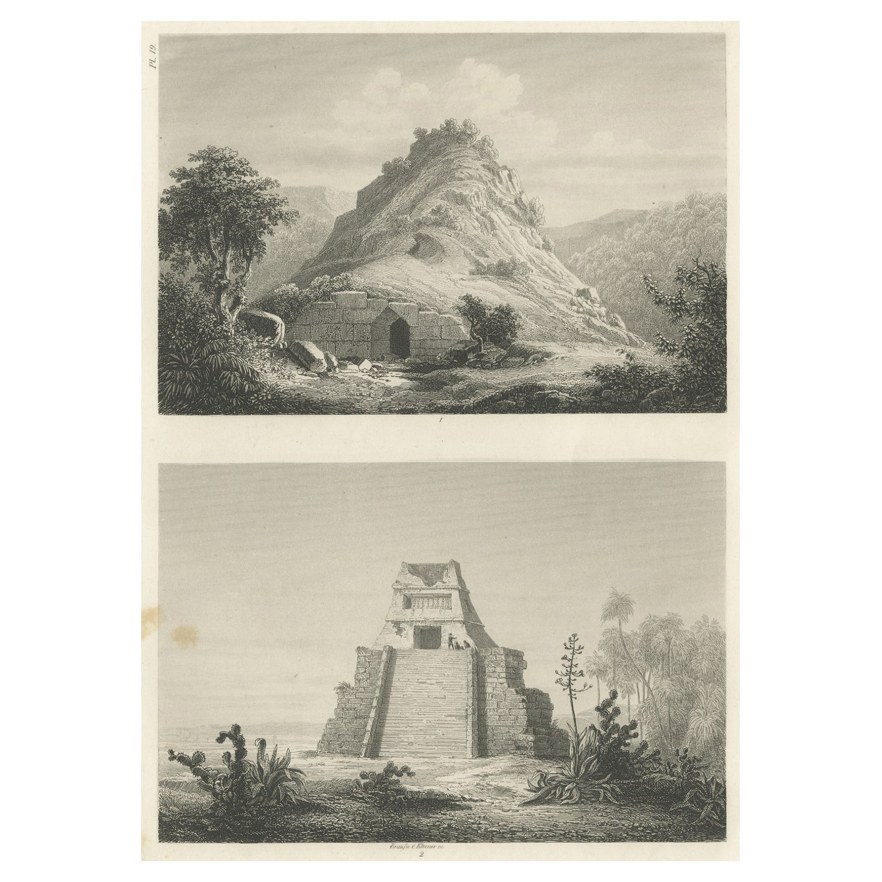 Original Rare Antique Print of Two Ruins in Mexico, 1857 For Sale