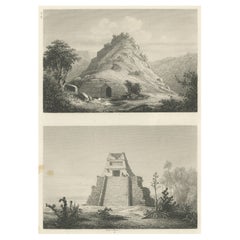 Original Rare Antique Print of Two Ruins in Mexico, 1857