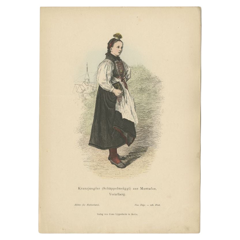 Estampa antigua de una mujer en traje de invierno de Montafon en Austria, ca.1880