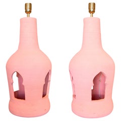 Used Pair of 1980s Spanish Handcrafted pink painted Ceramic Table Lamps