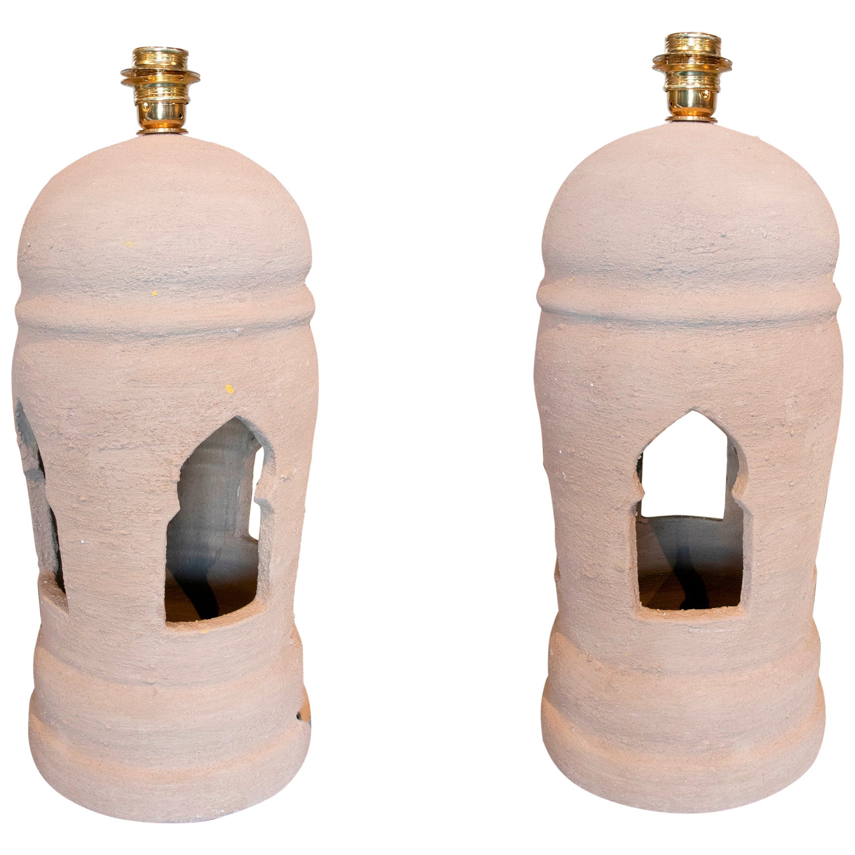 Pair of 1980s Spanish Handcrafted beige Ceramic Table Lamps