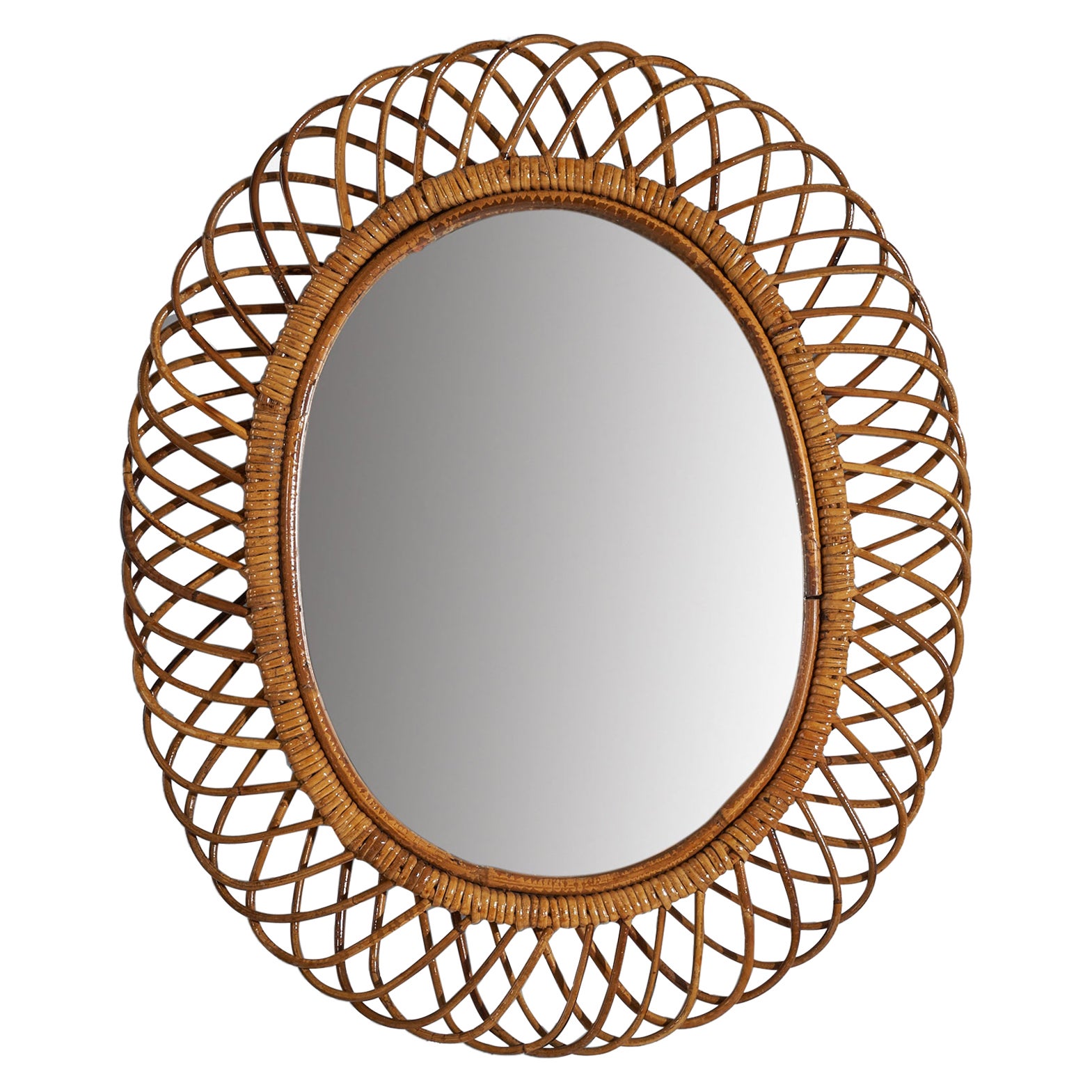 Italian Designer, Oval Wall Mirror, Rattan, Mirror Glass, Italy, c. 1950s For Sale