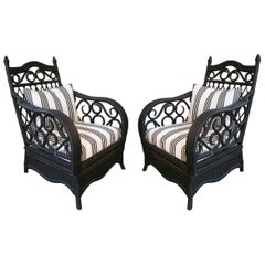 1980s Pair of Bamboo and Wicker Armchairs Newly Upholstered and Painted in Black