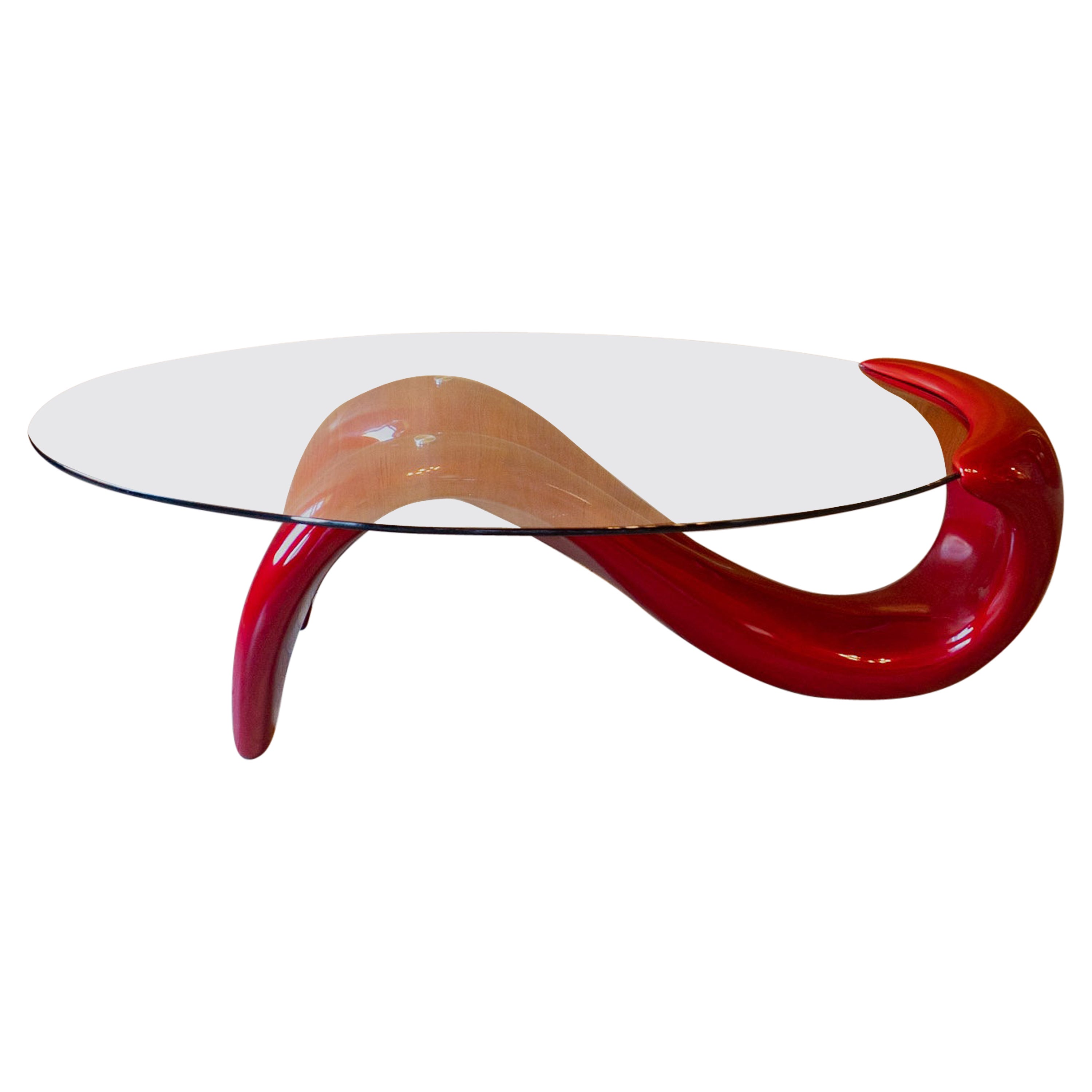 Post Modern Glossy Laquered Red Coffee Table with Glass Table Top, Italy 1980s For Sale