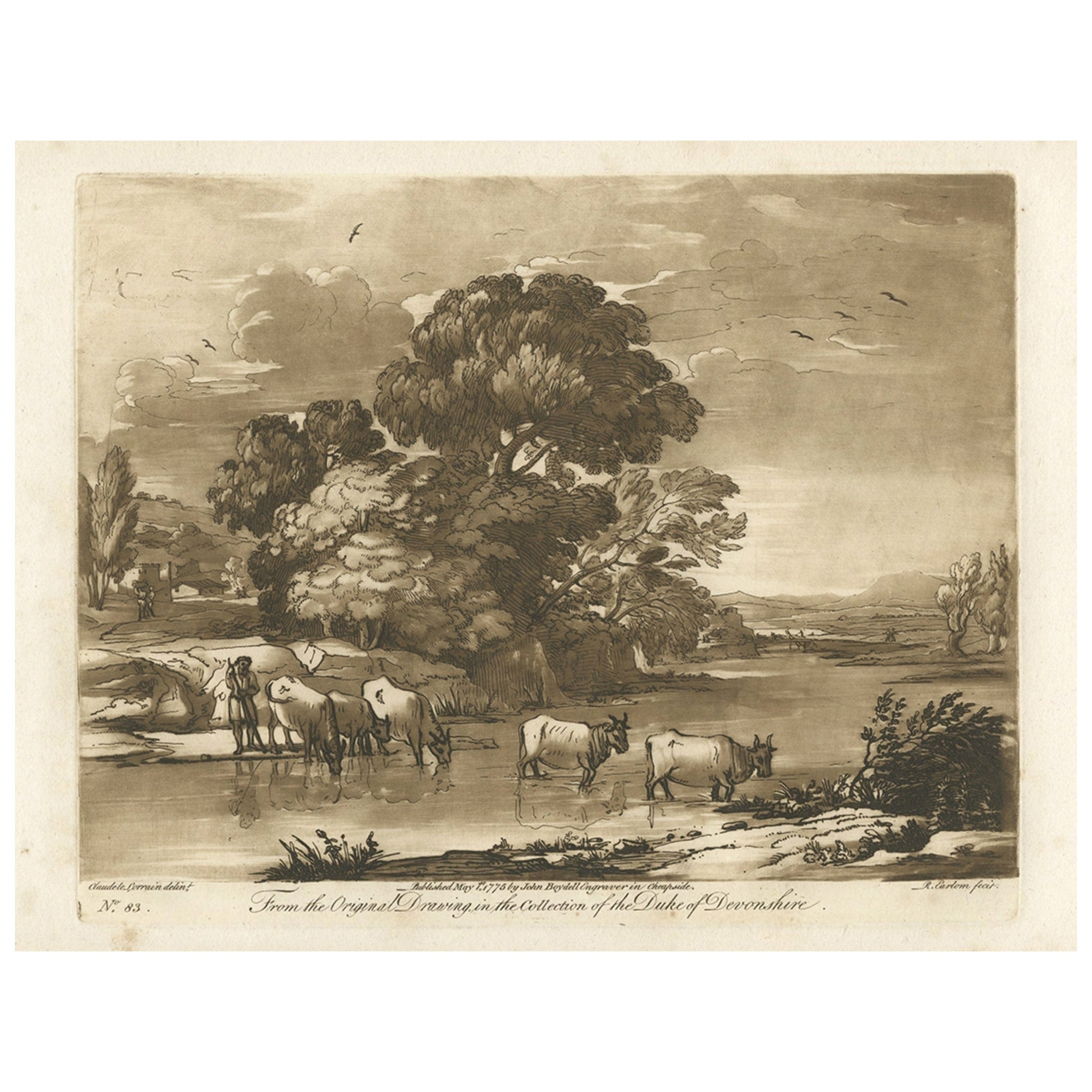 Rare gravure ancienne d'un paysage avec du bétail en Angleterre, 1775