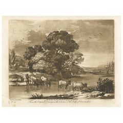 Rare Original Antique Engraving of a Landscape with Cattle in England, 1775