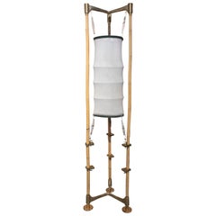 Retro Floor Standing Lamp Made of Bamboo, Bronze Accessories and Fabric