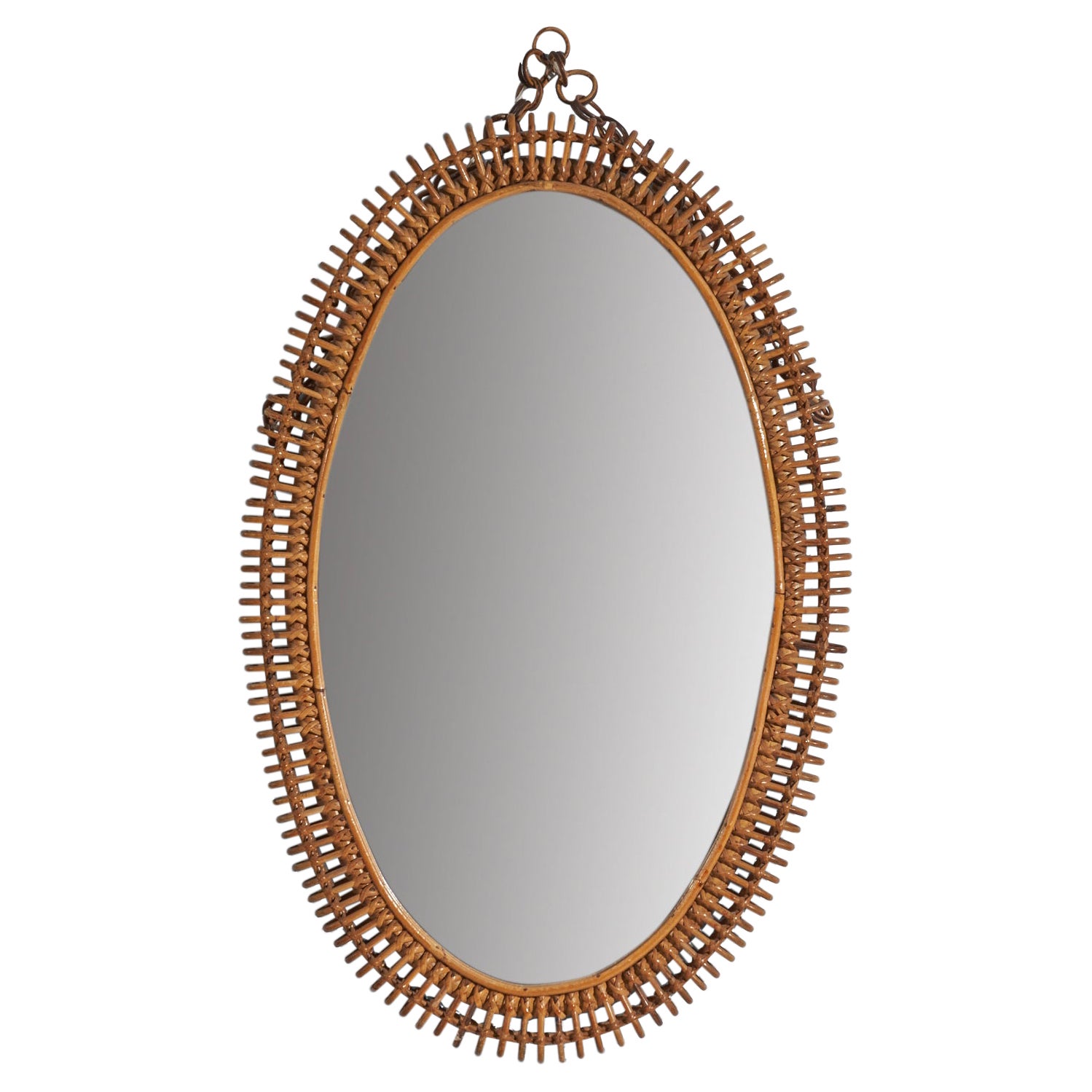 Italian Designer, Oval Wall Mirror, Rattan, Mirror Glass, Italy, c. 1950s