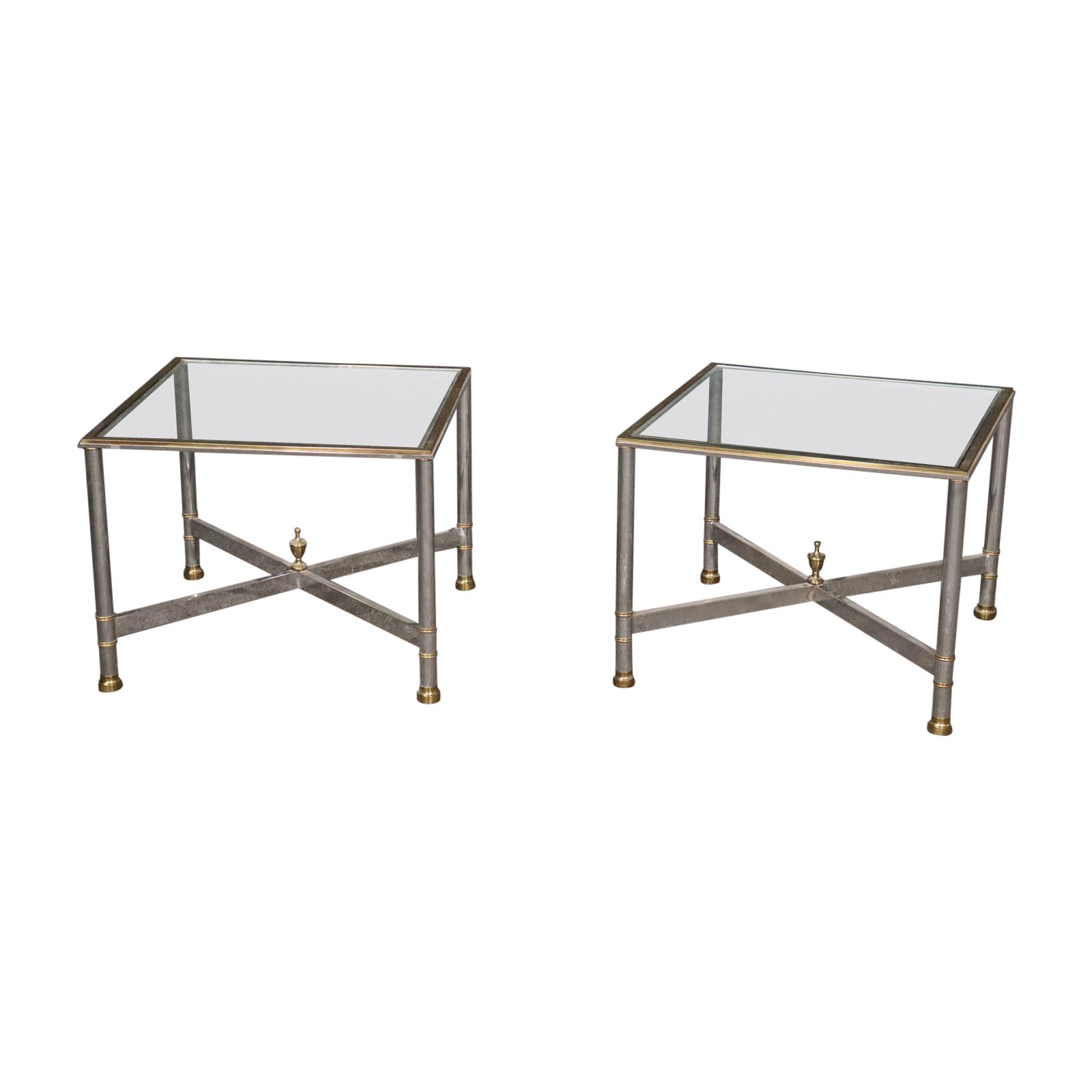 Pair Brass and Steel Jansen Style Mid-Century Modern Square End Tables For Sale