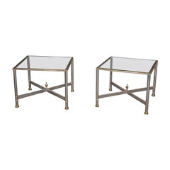Pair Brass and Steel Jansen Style Mid-Century Modern Square End Tables