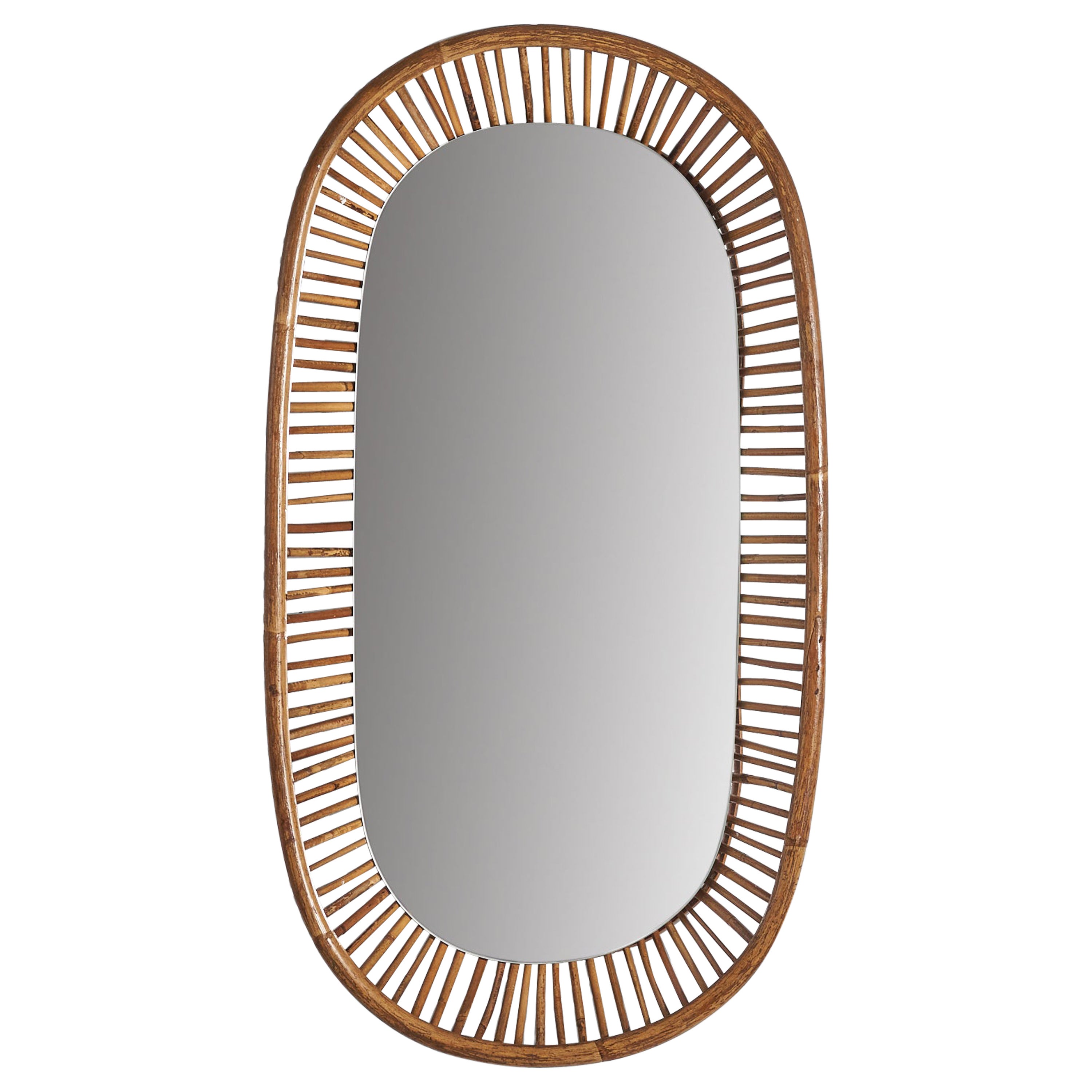 Italian Designer, Wall Mirror, Rattan, Mirror Glass, Italy, c. 1950s For Sale