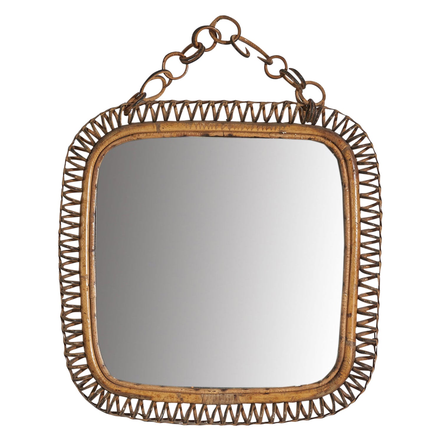 Italian Designer, Wall Mirror, Rattan, Mirror Glass, Italy, c. 1950s