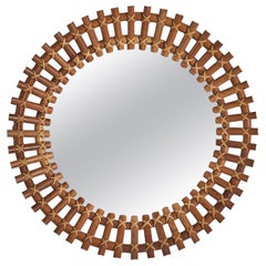 Italian Designer, Circular Wall Mirror, Rattan, Mirror Glass, Italy, C. 1950s