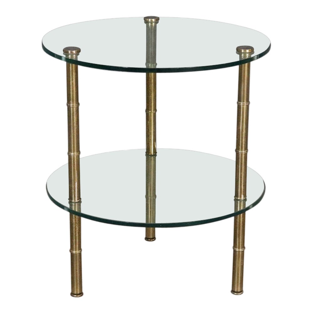 Single Brass Faux Bamboo Bagues Style Two Tier Glass End Table For Sale