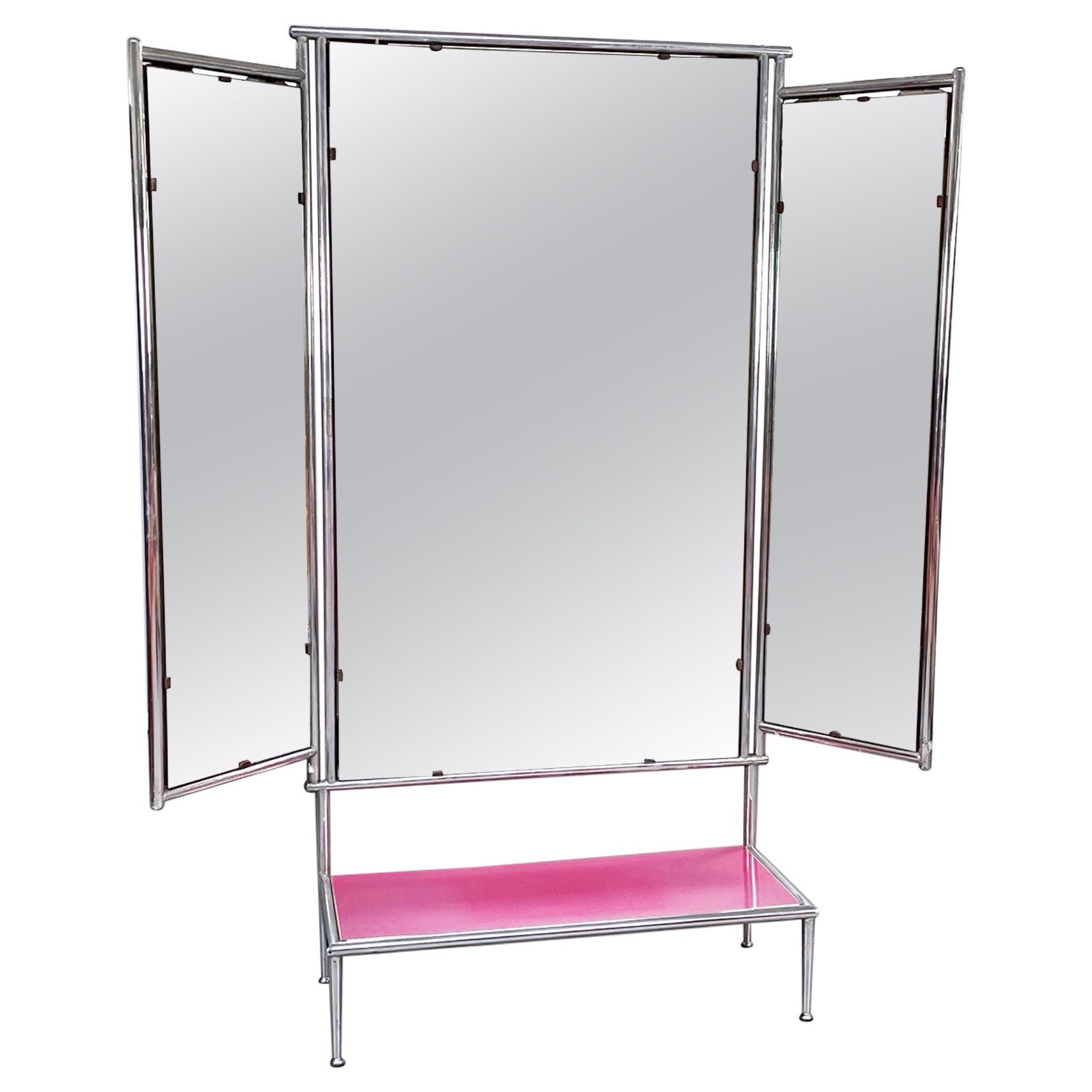Italian Modern Pink Wooden and Tubular Metal Floor Mirror with 3 Doors, 1980s For Sale