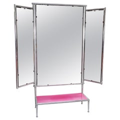 Vintage Italian Modern Pink Wooden and Tubular Metal Floor Mirror with 3 Doors, 1980s