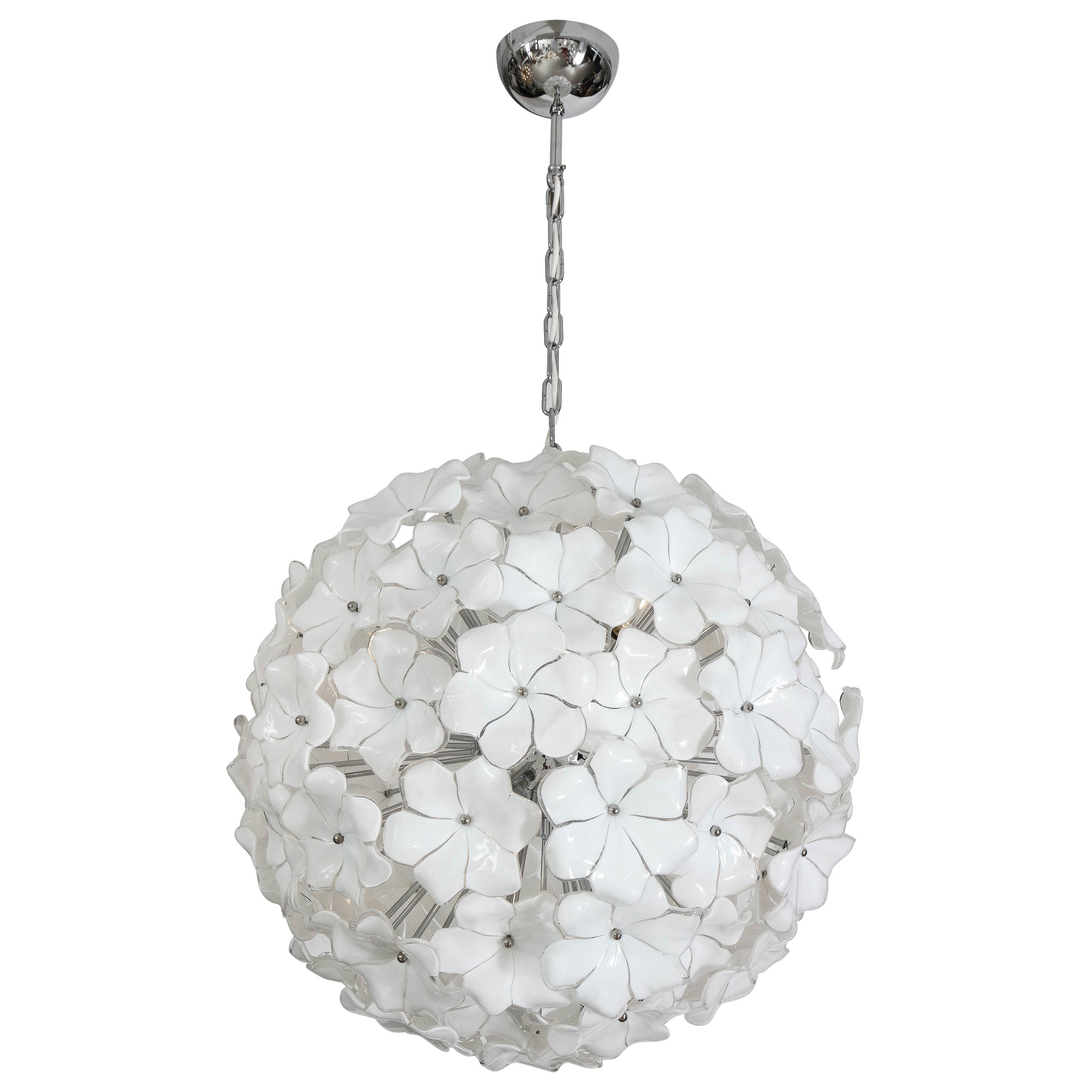 Large White Murano Flower Glass Globe Chandelier by Cenedese For Sale
