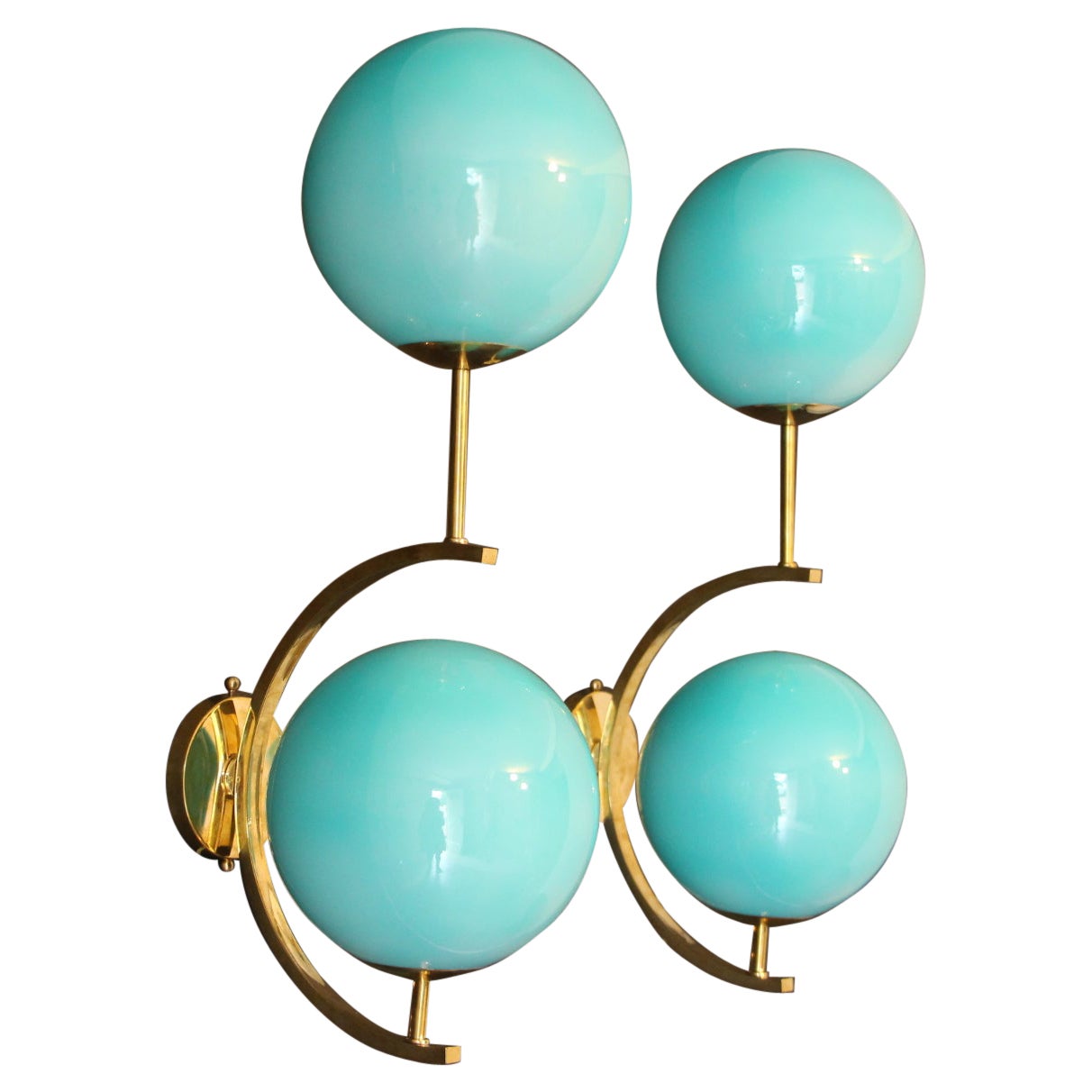 Modern Midcentury Pair of Brass and Turquoise Blue Glass Sconces, Wall Lights For Sale