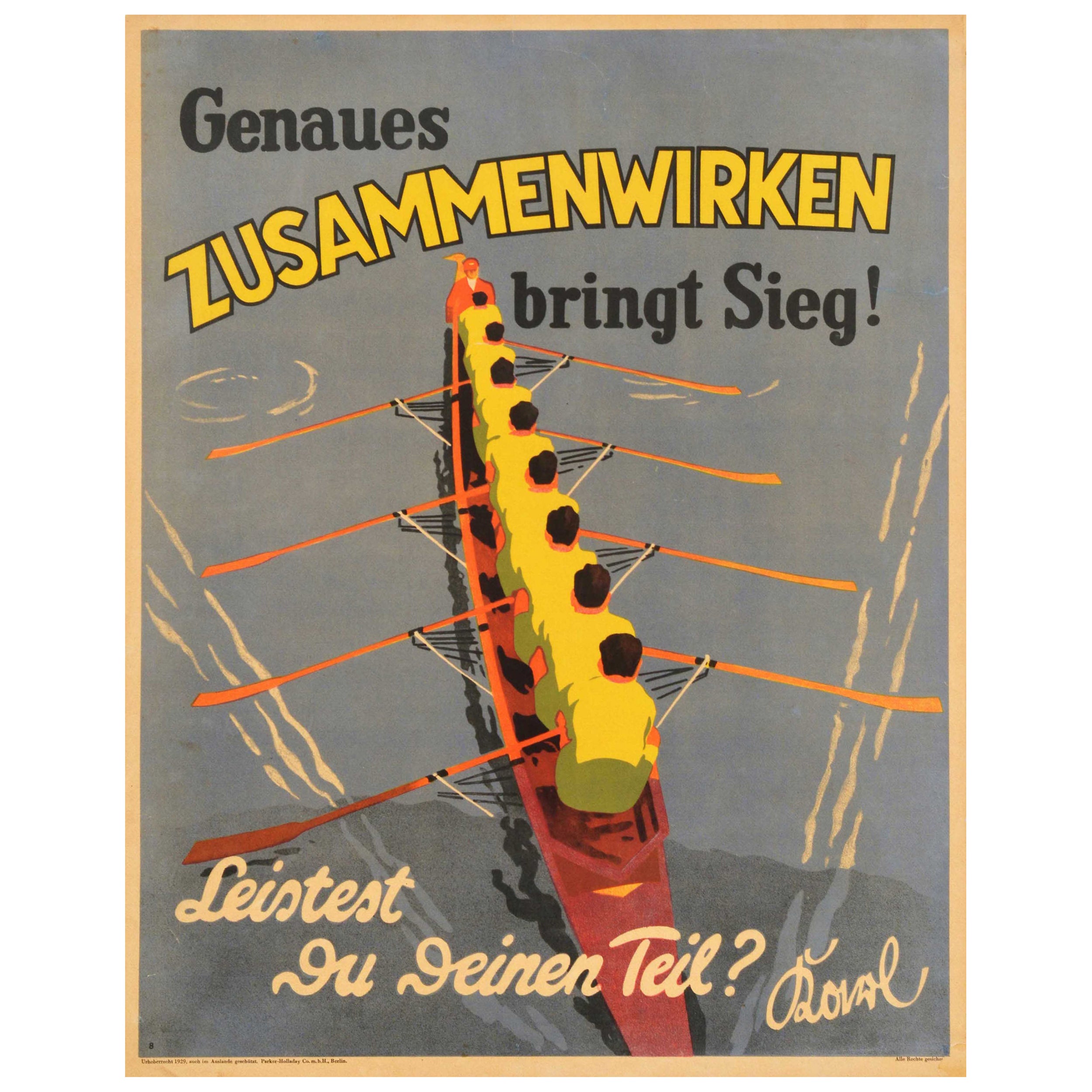 Original Vintage Motivation Poster Zusammenwirken Work Together Victory Rowing