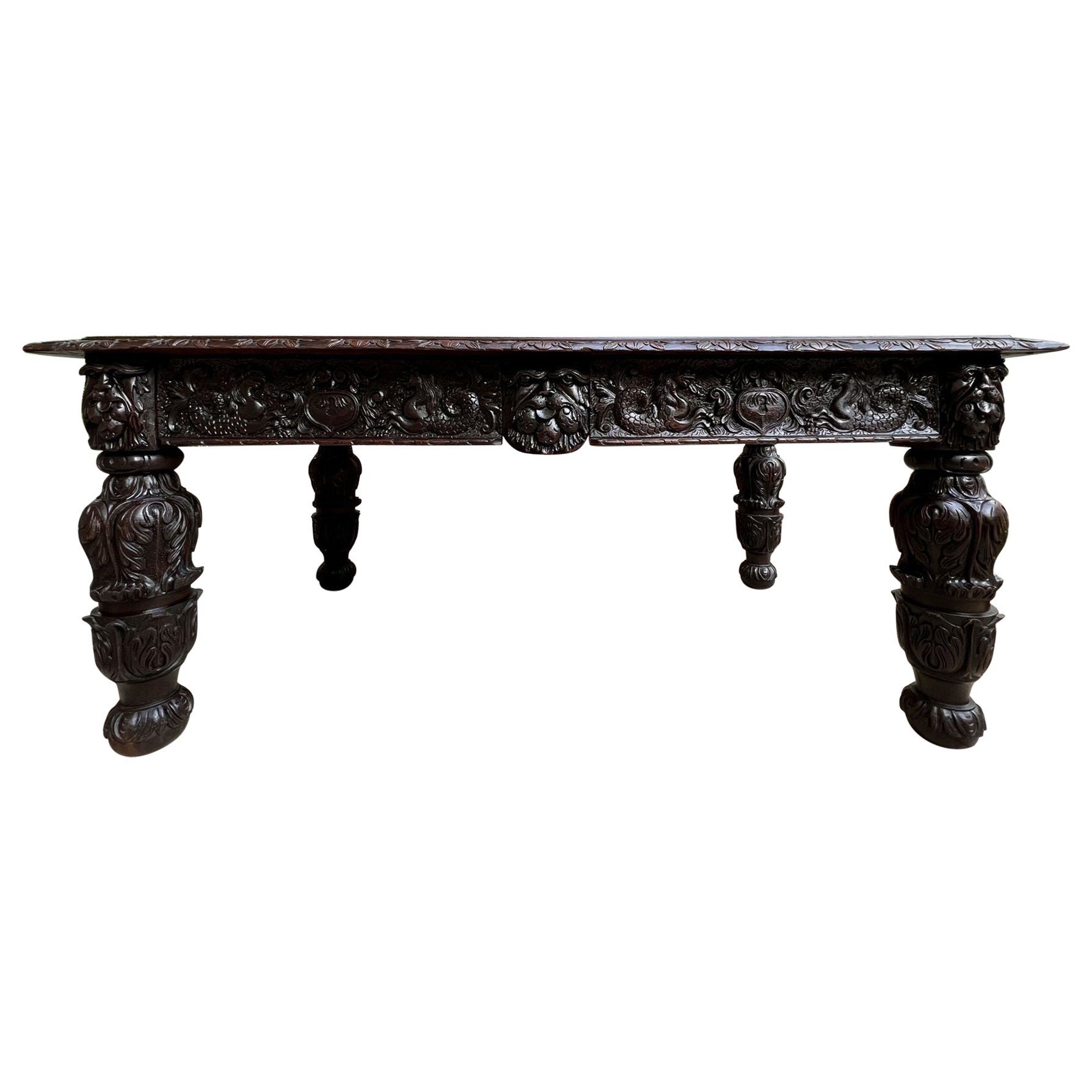 Antique French DIning Table Library Desk Renaissance Carved Oak Baroque c1880 For Sale