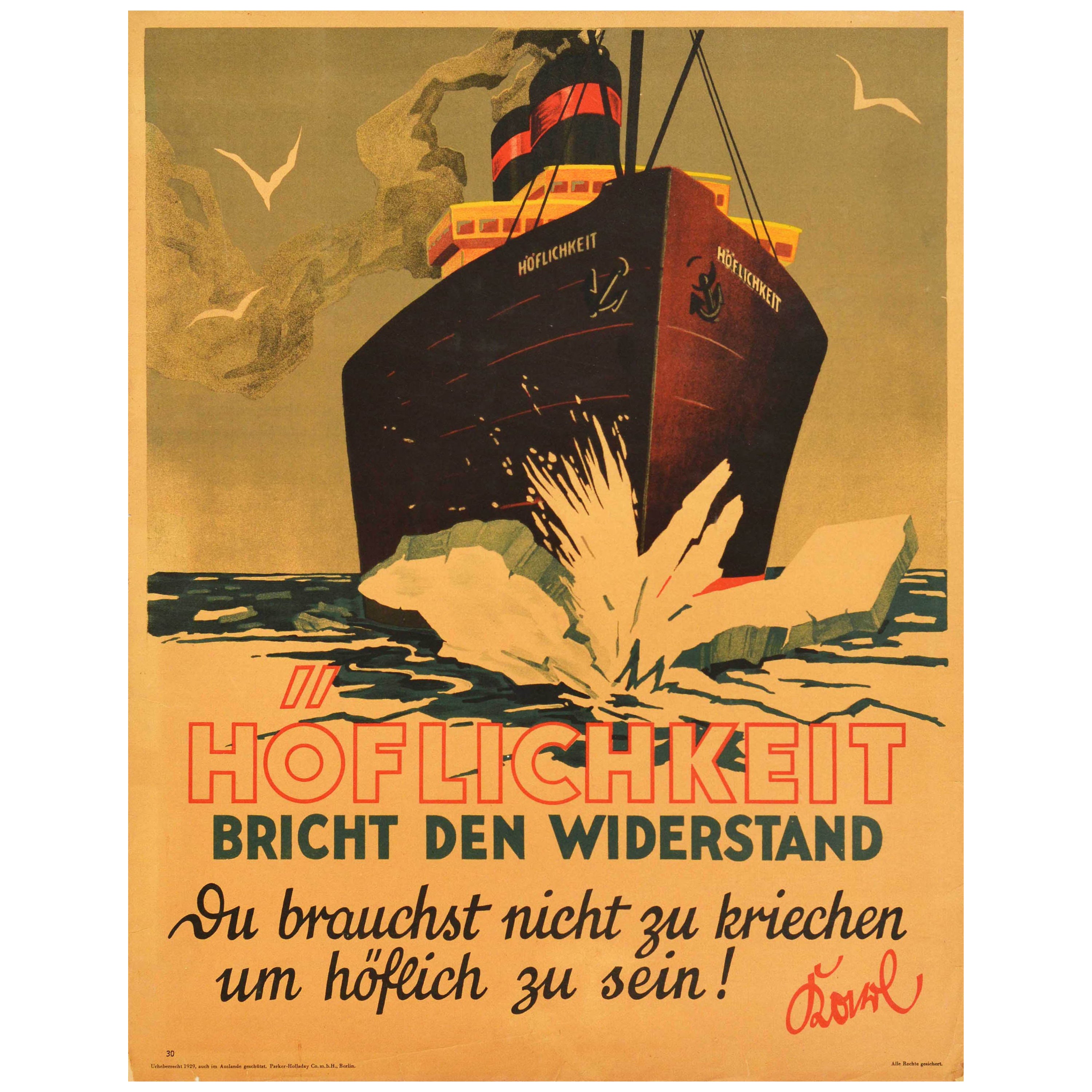 Original Vintage Motivation Poster Hoflichkeit Courtesy Breaks Resistance Quote For Sale