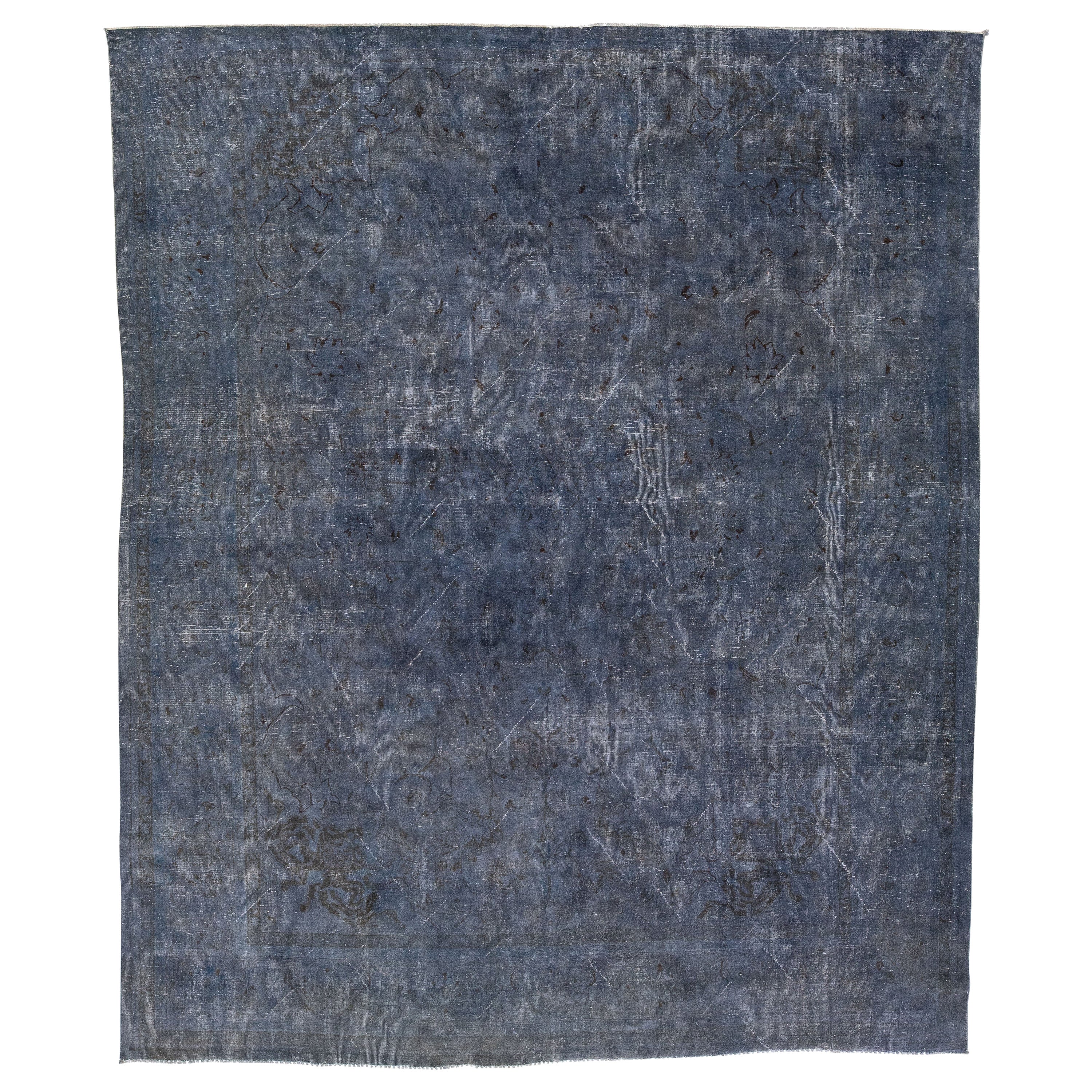 Vintage Overdyed Handmade Designed Blue-Gray Wool Rug For Sale