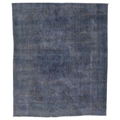 Vintage Overdyed Handmade Designed Blue-Gray Wool Rug
