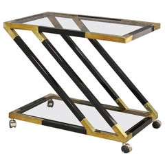 Retro Smoked Glass Ebonized Italian Z Shaped Bar Dessert Trolley with Brass