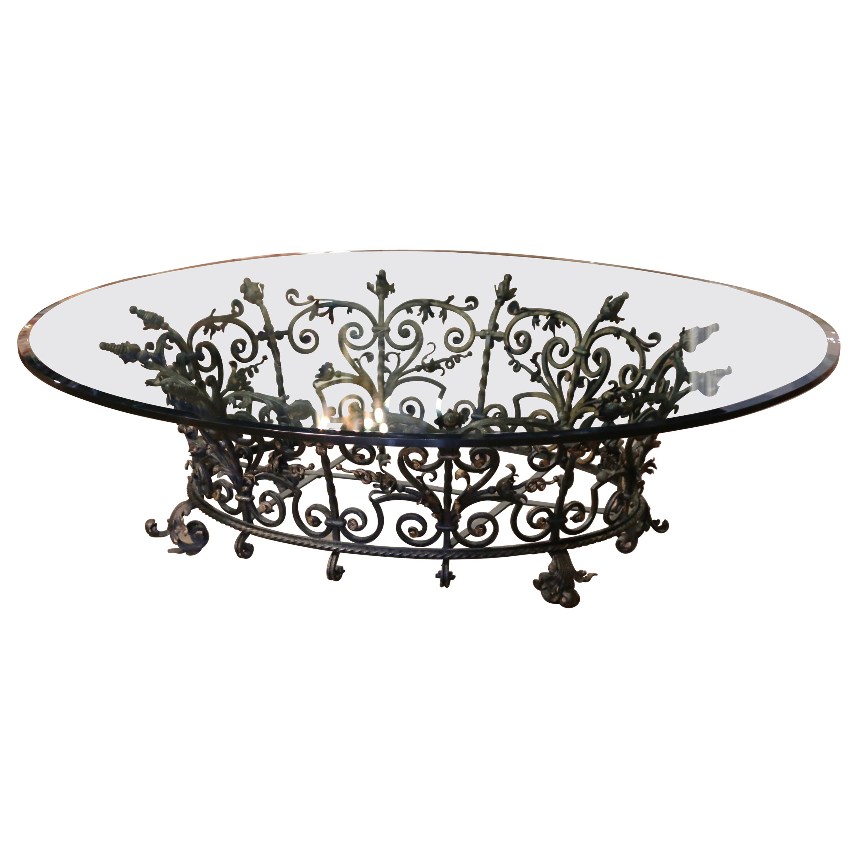 Early 20th Century Oval French Forged Wrought Iron Coffee Table with Glass Top