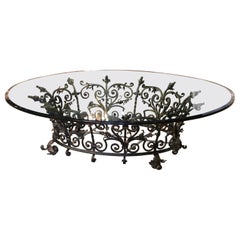 Antique Early 20th Century Oval French Forged Wrought Iron Coffee Table with Glass Top