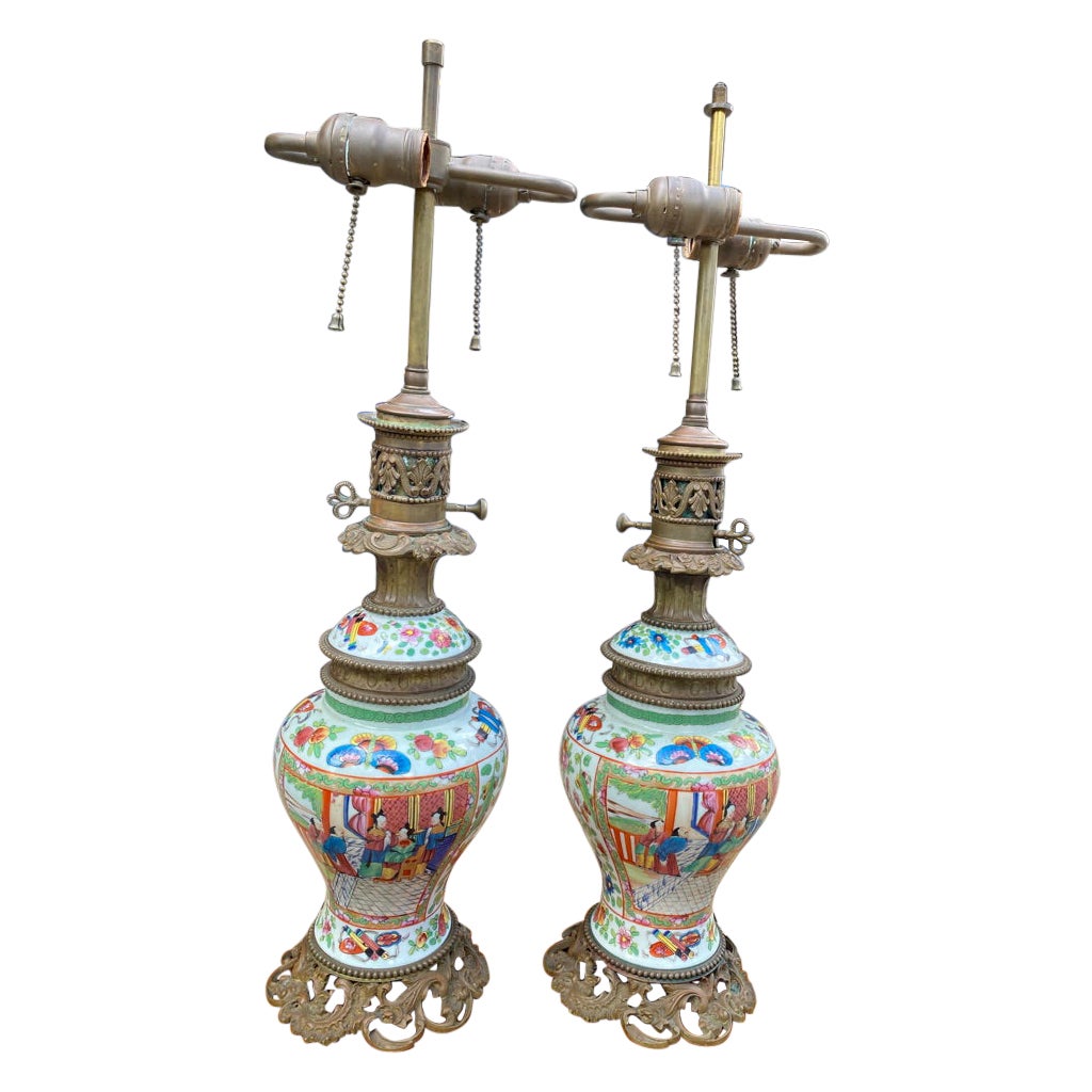 Pair of Chinese Bronze Mounter Rose Mandarin Porcelain LAMPS  For Sale