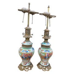 Pair of Chinese Bronze Mounter Rose Mandarin Porcelain LAMPS 