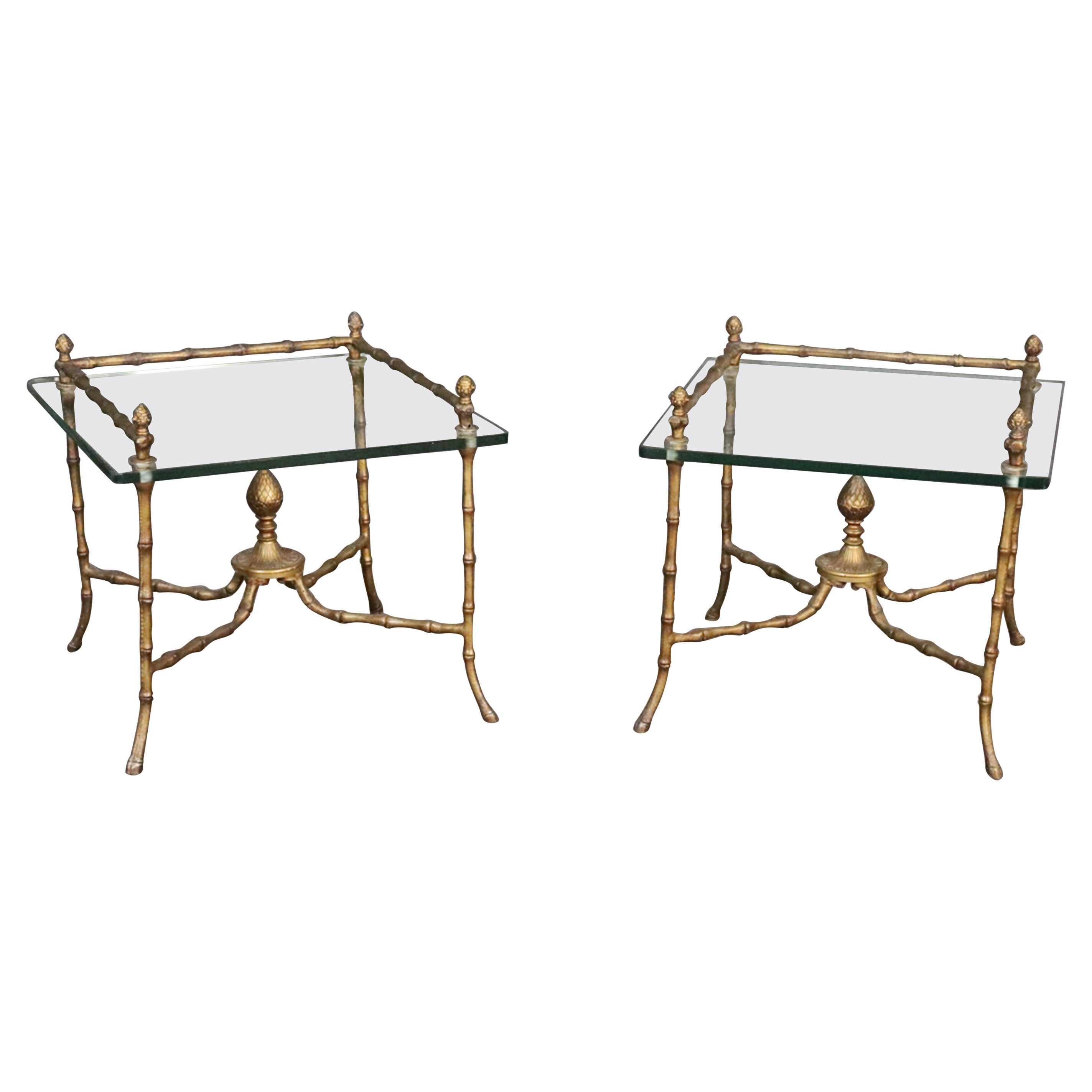 Pair Square Glass and Bronze Bagues Style Faux Bamboo End Tables, circa 1960 For Sale