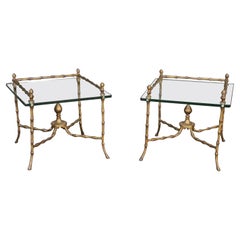 Pair Square Glass and Bronze Bagues Style Faux Bamboo End Tables, circa 1960