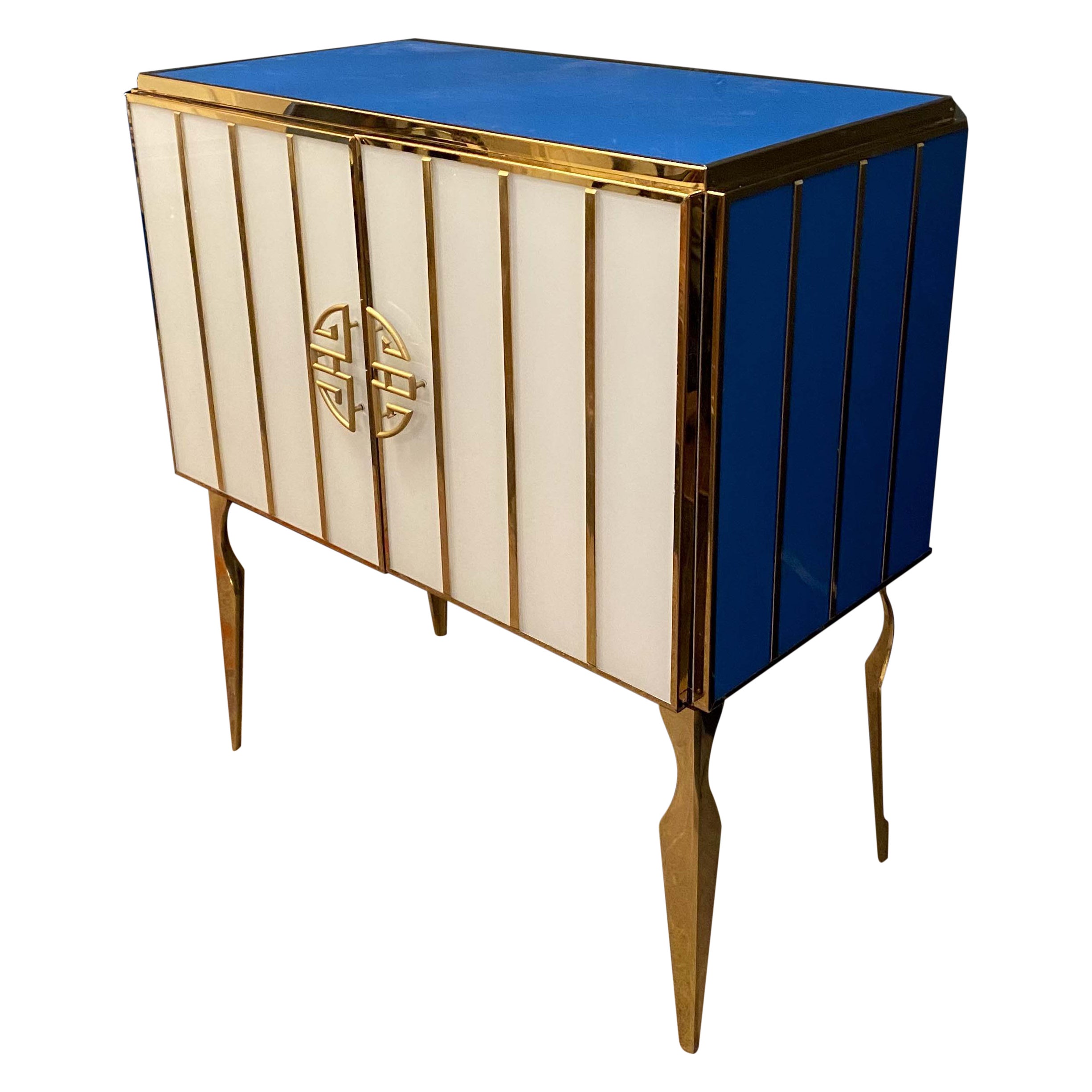 Midcentury Style Brass and Colored Murano Glass Bar Cabinet, 2020