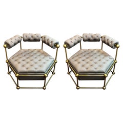 Pair Button Tufted Upholstered Brass Chairs