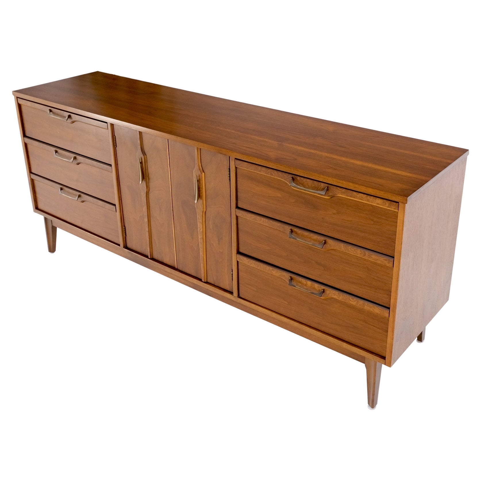Long Walnut 9 Drawers Two Doors Mid-Century Modern Dresser Credenza Burl Accents