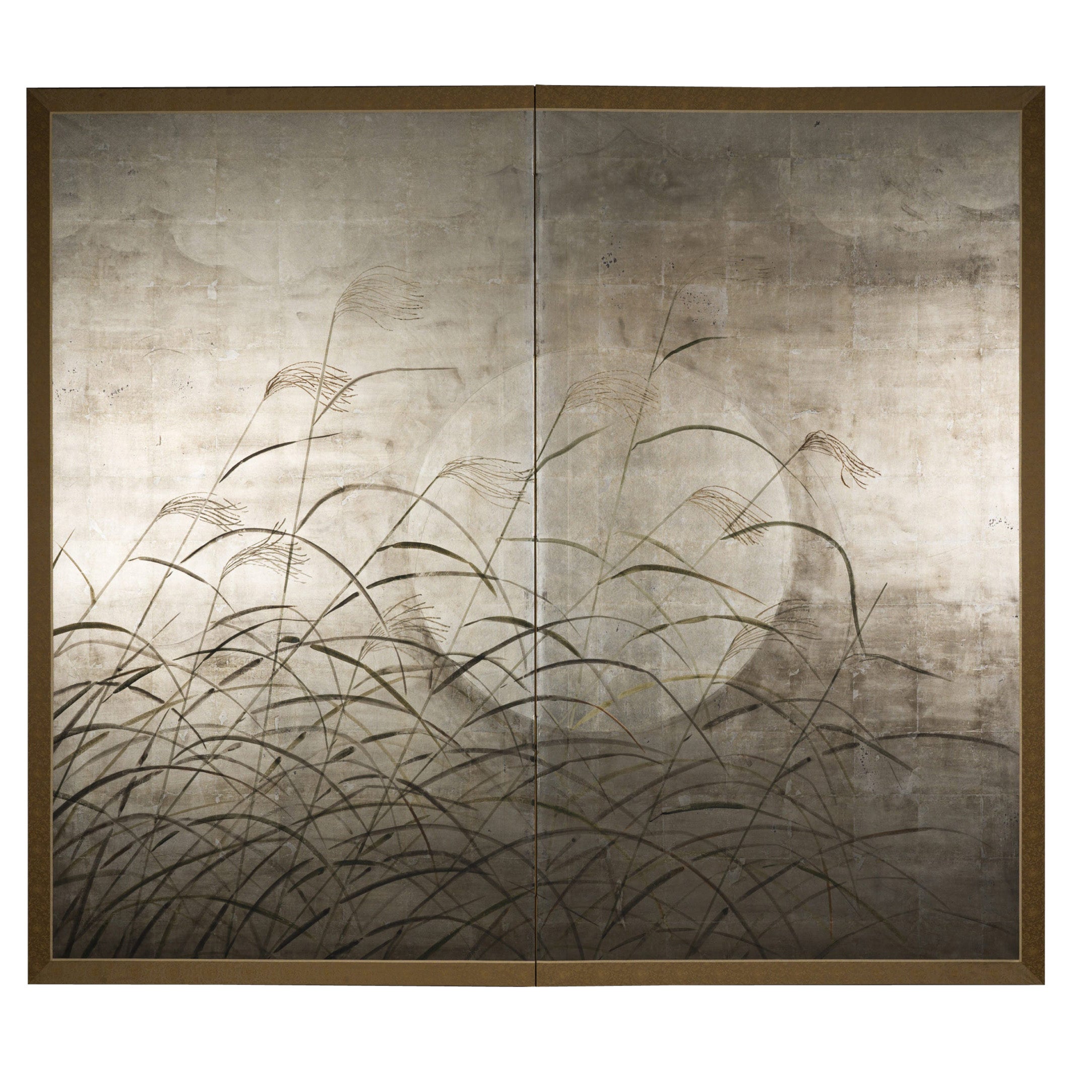 Japanese Two Panel Screen: Moon and Wild Grasses on Silver Leaf