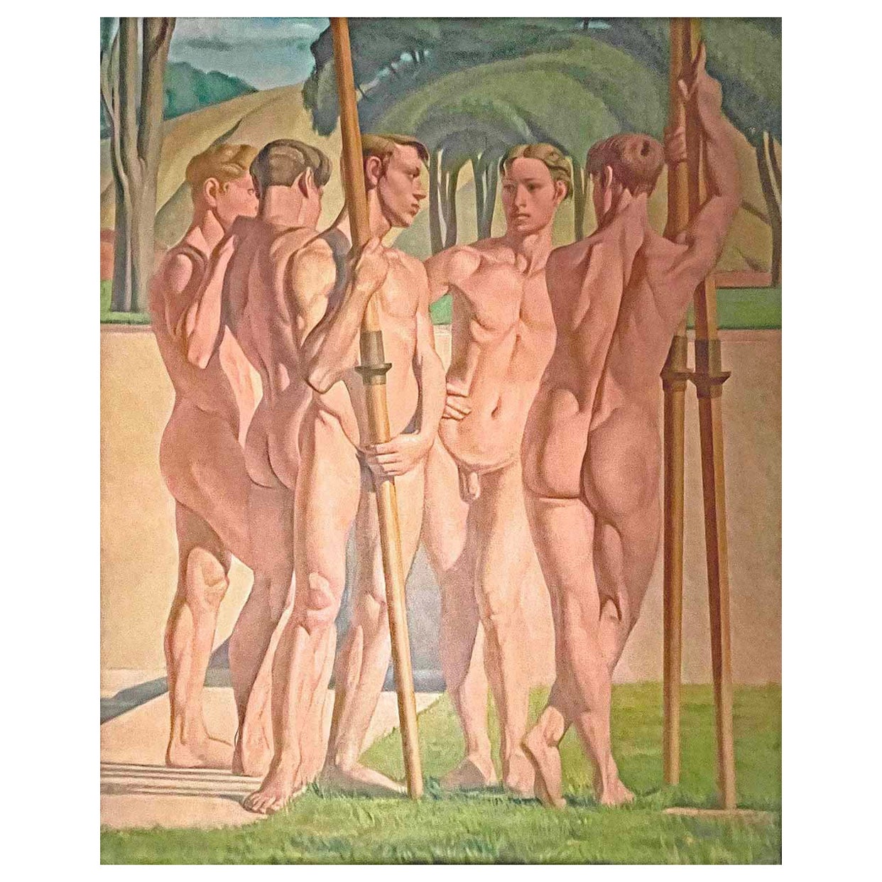 "Five Olympic Rowers," Monumental 1930s Painting of Nude Male Athletes with Oars