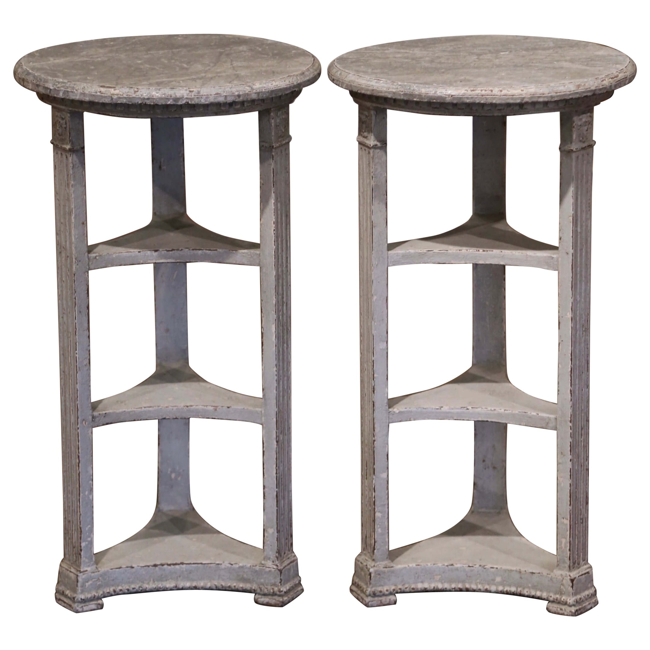 Pair of 19th Century French Louis XVI Carved Painted Tables with Faux Marble Top