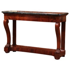 19th Century French Empire Carved Mahogany Console Table with Green Marble Top