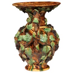 19th Century French Painted Ceramic Barbotine Vase with Vine, Grape & Leaf Decor